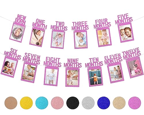 Whaline 1st Birthday Baby Photo Banner for Newborn to 12 Months, Monthly Milestone Photograph Bunting Garland, First Birthday Ce