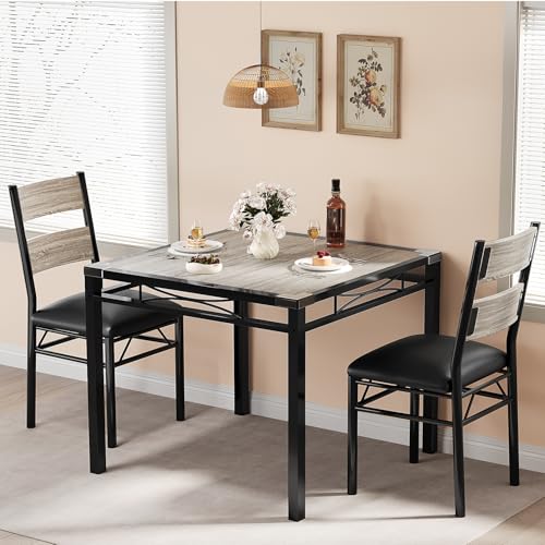 GarveeHome Dining Table Set for 2, Dining Table with 2 Upholstered Chairs, Wood 3-Piece Kitchen Dining Room Table Set with Corner Protector for Small Space, Kitchen, Apartment, Rustic Gray