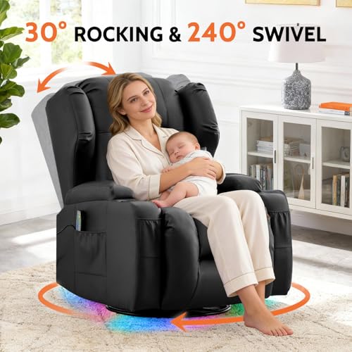 Sillón reclinable giratorio negro de cuero sintético miniatura 4