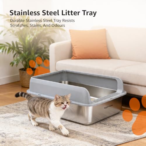 Image of Amazon Basics Stainless Steel CAT Litter Box with Elevated Anti-Splash PP Guard Gray Open-TOP Easy-Clean Litter Tray for Cats 60.0 (L) x 37.8 (W) x 24.4 (H) CM