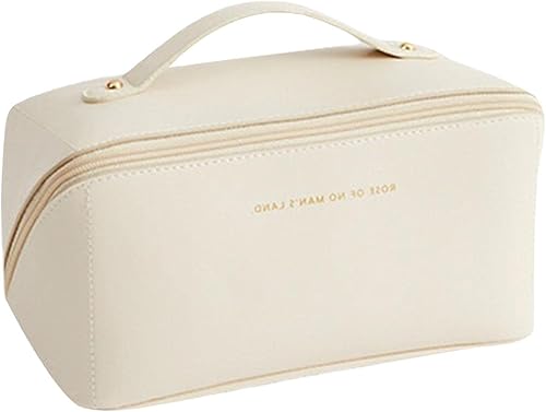 Bolsa de cosméticos de viaje de gran apertura, bolsa de maquillaje de piel sintética, bolsa de maquillaje de viaje portátil para mujer con asa y