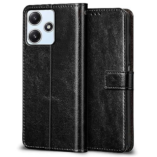 Image of WOW IMAGINE Shock Proof Flip Cover Back Case Cover for Mi Redmi 12 5G | Redmi 12 4G | Poco M6 Pro 5G (Flexible | Leather Finish | Card Pockets Wallet & Stand | Black)
