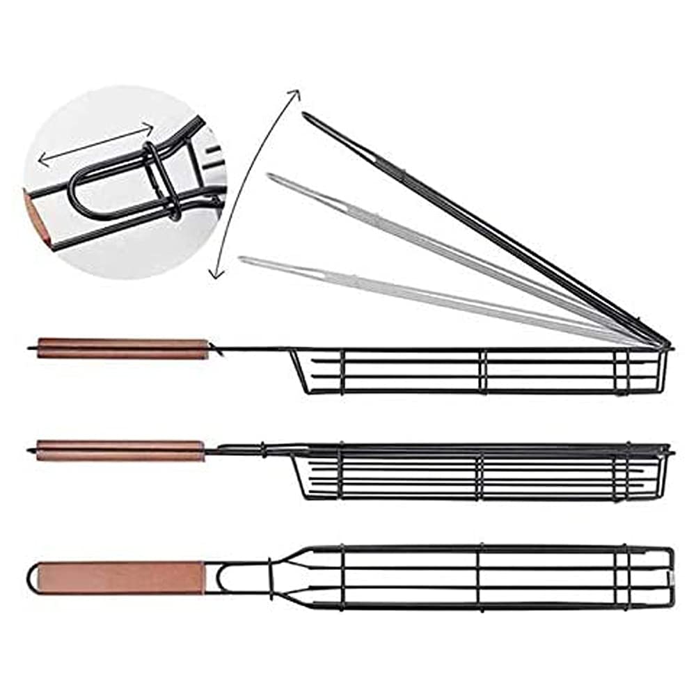 Panier à Griller Paniers à Brochettes Simples Antiadhésifs Barbecue à Poignée en Bois Anti-Corrosion pour Poisson Rôti Légumes Crevettes Fruits De Mer 5 pièces