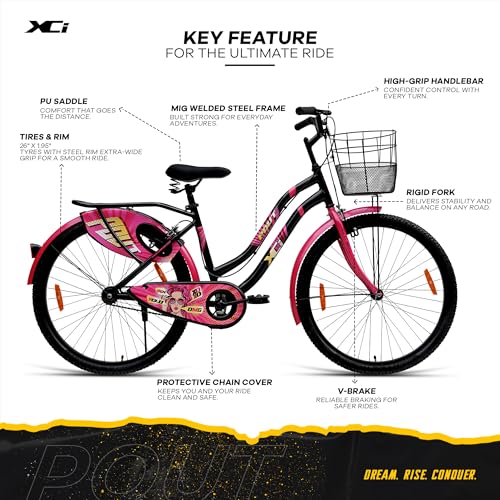 Image of XCi Pout 26T Women's Bicycle, 26-Inch Tyres, Single Speed, Non-Geared, Rigid Suspension, Calliper Brakes, Adult (12+ Years), 18 Inches Steel Frame, Pink Black