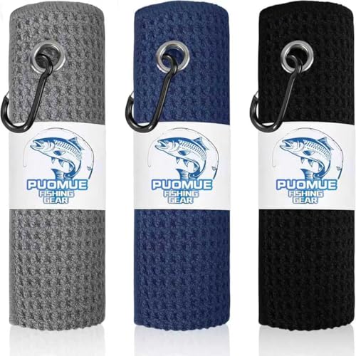 Puomue 3 Pack Microfiber Fishing Towels with Clip, 16' X 16', Waffle Pattern for...