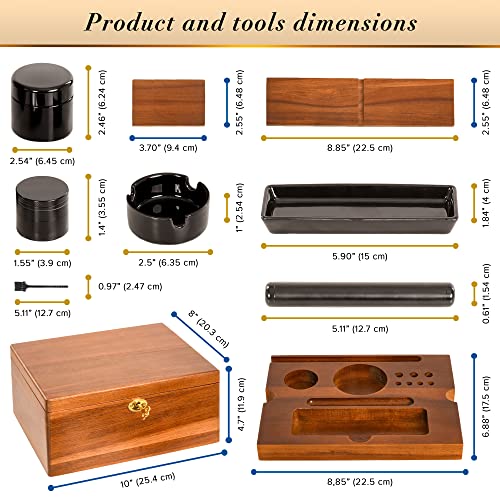 Moettik Premium Acacia Storage Box - Smell Proof Locking Design with Accessories - Removable Wood Tray, 3 Glass Jars, Storage Tube, Ceramic Tray, Brush, Brown, Upgraded Design 2024 - Image 6