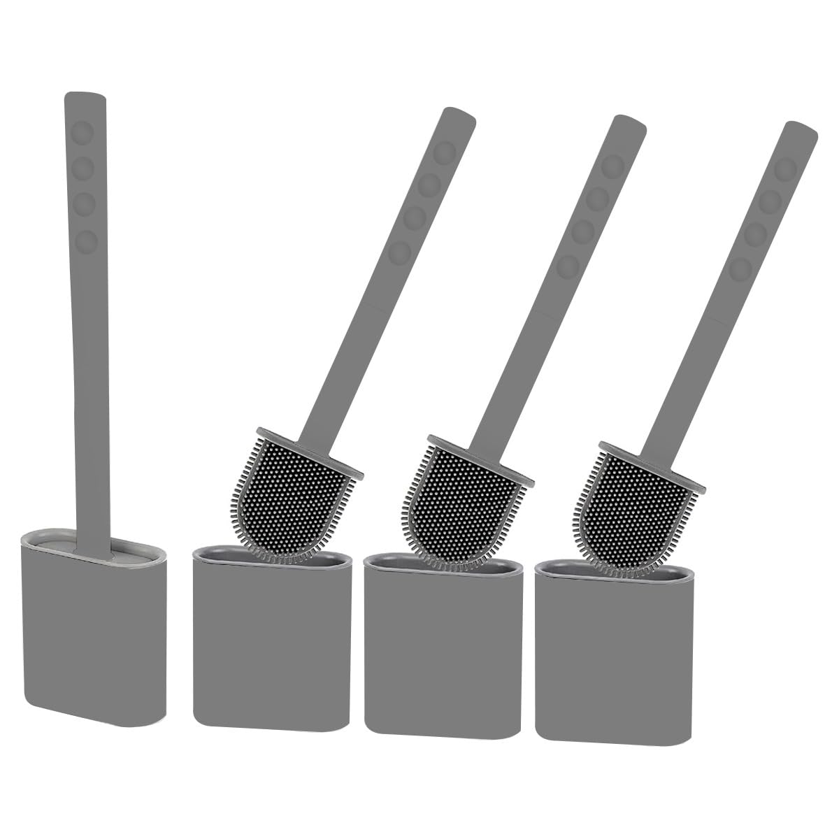 Silicone Toilet Brush with Holder Set Pack of 4 - Flat Flexible Head Under-Rim Clean Where Others Miss, Non-Stick Easy Rinse, Drip-Free Holder, Wall Mounted Toilet Brush Grey or Loo Brush
