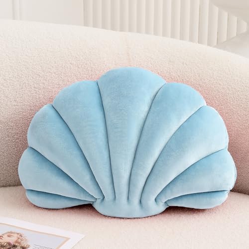 XIAIJIA Almohada Decorativa con Forma de Concha de mar, Inserto 3D, Almohada de Playa de Terciopelo Suave, decoración de océano Marino, Cojines de Almohada para sofá o Cama (Azul, 14 x 11 Pulgadas)