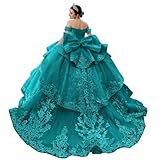 Mouccy Cute Turquoise Quinceanera 15 Dresses with Train Glitter Lace Ball Gown with Bow Luxury Sweetheart Sixteen Birthday Dresses with Train 6