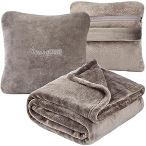 Travel Blanket Pillow, Premium 2 in 1 Flannel Airplane Blanket Compact for Travel,Office, Home,Travel Essentials Accessories for Plane and Car,Compact Office Blanket (Gray)