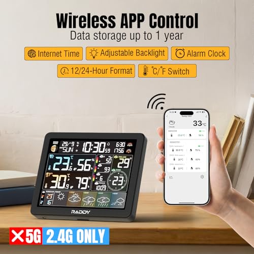 Raddy-N80-Smart-Wi-Fi-Weather-Station-with-APP-Control-Indoor-Outdoor-Thermometer-Wireless-with-8-Inch-Large-Display-SunsetSunrise-Time-PM25AQI-UV-Index-4-Alarm-Clock