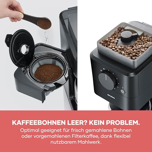 Severin Filter-Kaffeemaschine mit Glaskanne, individueller Mahlgrad, 10 Tassen, 1,25L, Tropfstopp, inkl. Löffel, Permanentfilter, Reinigungsbürste, automatische Abschaltung, 1000W, schwarz, KA 9215 4