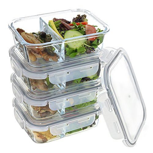 Set of 4 Divided Glass Meal Prep Containers Food Storage Containers