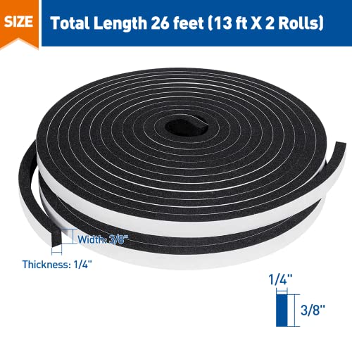 Magzo Weather Stripping Door Seal 3/8 Inch W X 1/4 Inch T, Adhesive Insulation Tape Waterproof, Total Length 26 Feet (13Ft X 2 Rolls) #TOP1