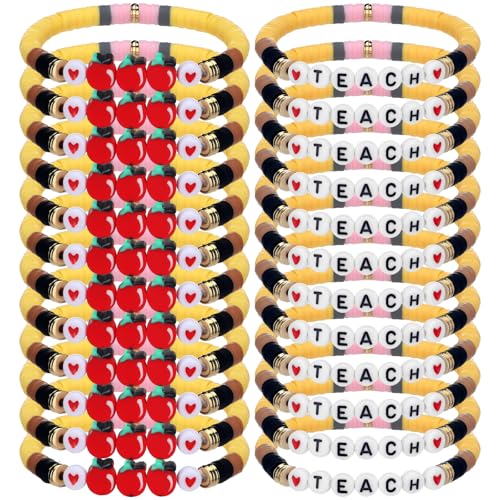 Image of Tondiamo Back to School Gift Bulk for Teacher Apple Pencils Bracelets Graduation Party Favor End of Year Gift Clay Beaded Bracelets for Teachers Thank You Gifts