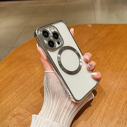 Coque de luxe argent magnétique pour iPhone 14 Pro Max en placage transparent antichoc