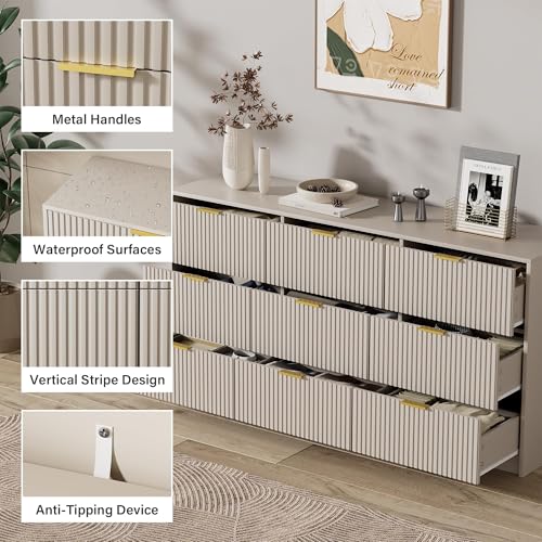 Image of Furniway 3 Piece Bedroom Set, 9 Drawer Dresser and Nightstand Set of 2 with Gold Handles, Modern Wood Chest of Drawers Storage Cabinet for Bedroom, Beige