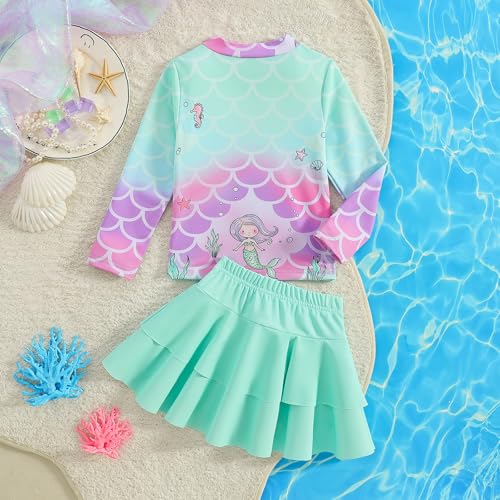 Image of Girls Rash Guard Swimsuit Set UPF 50+ Long Sleeve Two Piece Swimwear Half Zip with Skirt Bottom for Kids 3-10Y
