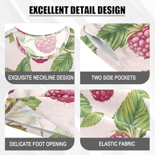 CHIFIGNO Raspberries Leaves Pink Pj Set Cotton Pajamas, Short Sleeve Summer Clothes with Pocket 5Y3