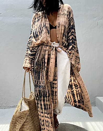 Women's Open Front Tie Dye Long Kimono Cover Ups with Belt Summer Loose Long Kimono Robe Swimsuits3