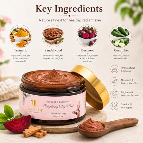 Image of Mamash Beetroot & Sandalwood 2-in-1 Face Pack & Scrub | Ready-to-Use De-Tan Clay Mask with Neem, Licorice & Multani Mitti | Brightening & Deep Cleansing Ayurvedic Skincare | 50g
