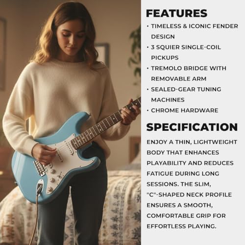 Image of Fender Squier Stratocaster Electric Guitar, Beginner Guitar, with 2-Year Warranty, Includes Free Lessons, Daphne Blue with Matte Finish
