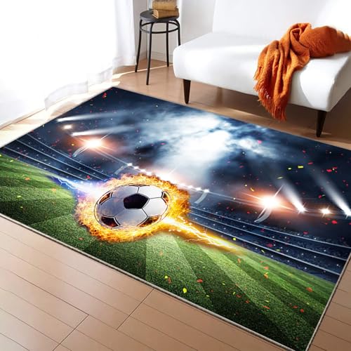 Menkala Teppich Fußball Flamme Jugendzimmer Jungen Teenager Blau Fußballfeld 3D Fußballstadion...
