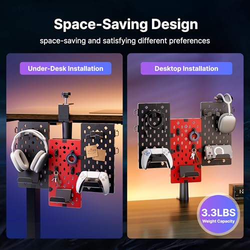 Image of PEGZONE Modular Headphone and Controller Holder for Game, Clamp-on Pegboard, Rotatable Controller Stand with Cable Hooks, Gaming Accessory for Xbox PS5 PS4 Nintendo Switch, 3Pcs Pegboard, Red