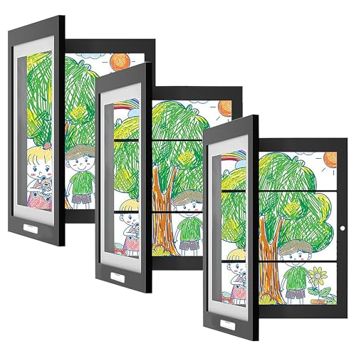 [Upgraded] 3-Pack Kids Artwork Frames changeable - Kids Art Frame, Kids Art Frames Holds 50 to 80 pcs, Wall Mounted & Self Standing Frame for Children Schoolwork, Home or Offices (Black, 3-Pack & 8.5”x11”)