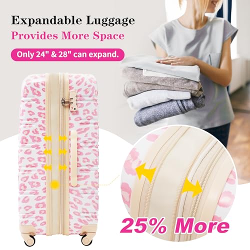 Travel with Confidence Using 3-Piece Hardshell Luggage Set, Lightweight Expandable Spinner Suitcases with Stylish Pink Leopard Design3
