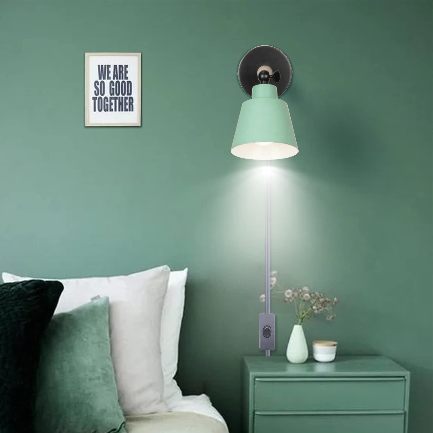 TOKIUS 2 stuks wandlampen, moderne wandlamp van metaal en hout, decoratief, E27 fitting, verstelbare wandverlichting voor binnen, wandlamp voor slaapkamer, woonkamer, gang (Groen