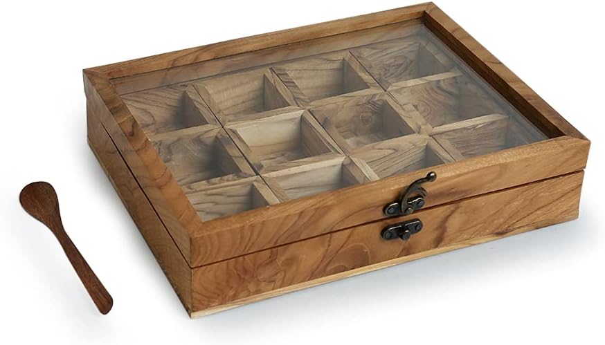 ExclusiveLane 'Medley of Masalas' Indian Spice Box with Spoon (12 Removable Container, Each Container : 1.8 oz, Teak Wood) | Masala Dabba Spice Storage Container Rack Wooden Spice Box for Gift