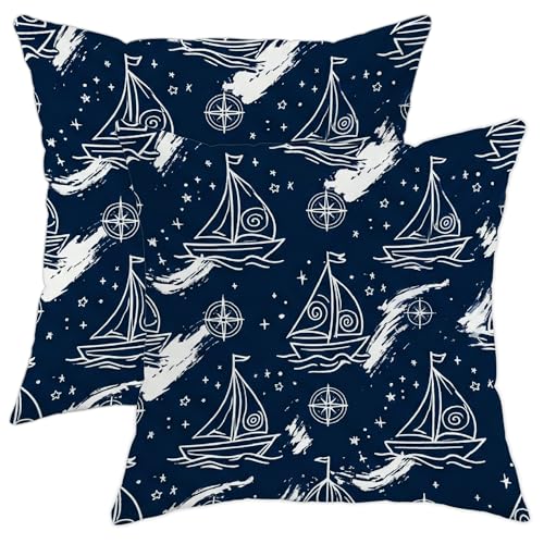 Juego de 2 fundas de almohada náuticas minimalistas con brújula y estrellas, color azul marino con cremallera oculta, almohadas decorativas para sala de estar, apartamento, cama, sofá, decoración de