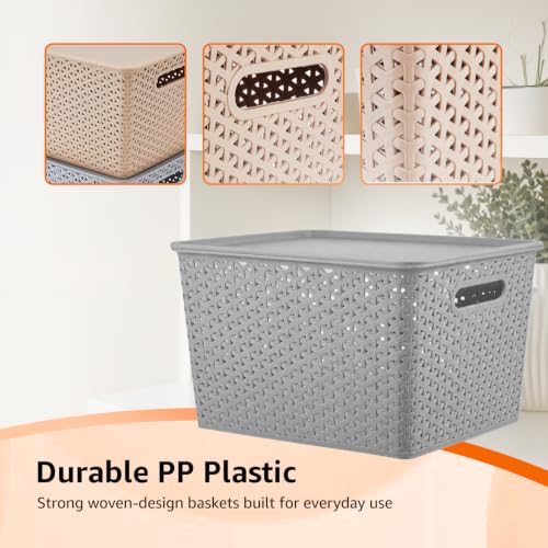 Image of Amazon Basics Set of 3 Plastic Storage Baskets with Lid | Stackable Organiser for Wardrobe, Kitchen, Clothes, Toys, Books, Office Multipurpose Shelf Basket (Large, 36x30x22 cm) Multicolour,Rectangular