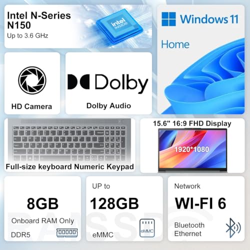 Image of Lenovo IdeaPad Slim 3 15.6 inch Laptop, Intel N150, 15.6 inch FHD, 8GB DDR5 + 128GB