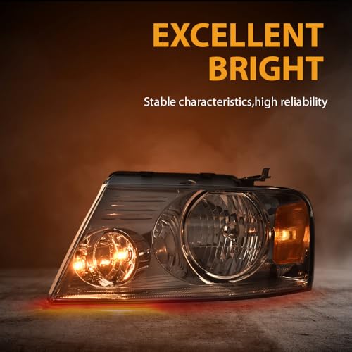 Image of GRAND ORANGE Headlight Assembly Compatible with Ford F150 2004 2005 2006 2007 2008 / Fit Lincoln Mark LT 2006-2008 Driver & Passenger Side Headlamp Smoke lens Chrome Houing Amber Reflector