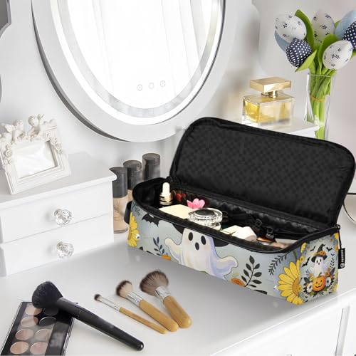 Bolsa de viaje para herramientas de cabello para mujer con almohadilla resistente al calor, portátil para plancha y accesorios de cuidado capilar, accesorios de Halloween con fantasmas, sombrero de bruja y calabaza miniatura 7