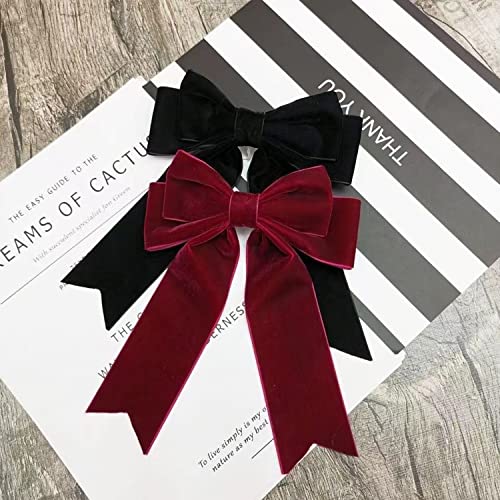 Velvet Bow Hair Clip,Large Satin Ribbon Bow Hairpins,Bows Hair Barrettes Fastener French Hair Bows with Long Ribbon Vintage Party Hair Accessories Women Girls Gifts 2PCS (2Pcs Black & Red Velvet) - Image 7