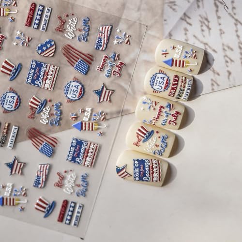 Image of 4th July Nail Art Stickers American Flag Nail Art Decals with Design USA Patriotic Nails Stickers 5D Self Adhesive for Women Girls Kid Manicure DIY Decoration Accessories