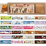 Barydat Interchangeable Season Sign Interchangeable Welcome Wood Sign for Table Decorative Seasonal Sign Decor with a Wooden Frame Wreaths for Fall Thanksgiving Halloween Autumn Decor