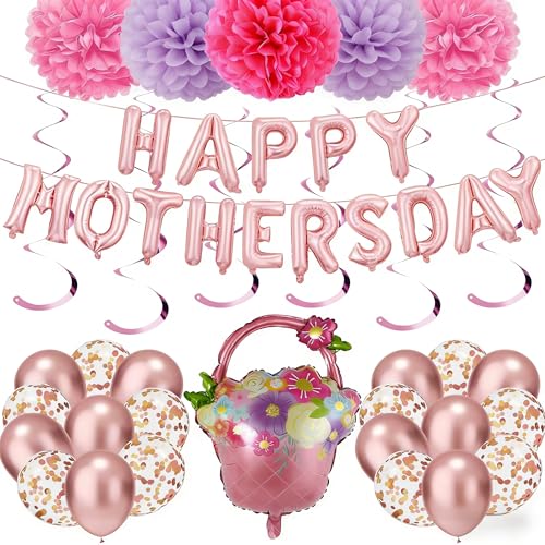 Mother's Day Decoration Set-Happy Mother Banner & Balloon Kit with Pink and Light pruple Pom-Poms, Rose Gold Confetti Balloons,Spiral Ornaments for Photo Backdrop & Party Decor