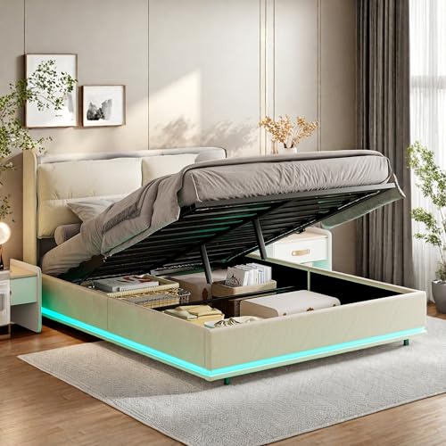 Cama tapizada con canapé, camas matrimoniales acolchadas, camas con plataforma acolchada, cama de matrimonio de listones de madera con luz cambiante y respaldo con cremallera (Beige, 160 cm)