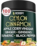 Herbpy 6in1 Premium Ceylon Cinnamon Supplement Plus Apple Cider Vinegar, Turmeric, Ginger, Ginseng - Weight Management, Digestion - 100 Vegan Capsules