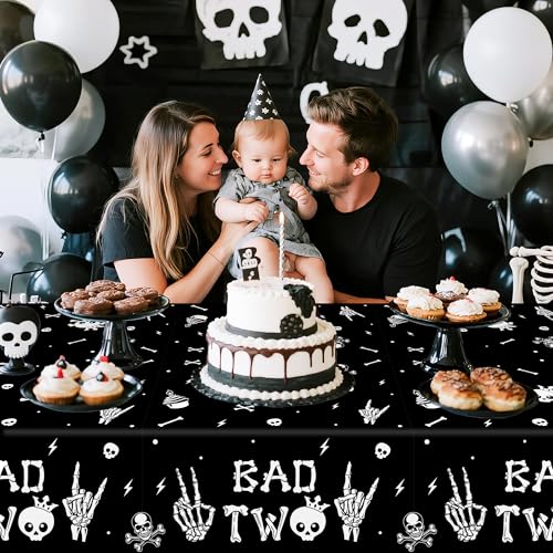 Image of K1tpde 3PCS Bad Two The Bone Party Tablecloth for Kids, Music Themed 2nd Black Plastic Tablecloth, Rock and Roll 2nd Disposable Table Covers for Birthday Decoration, Skeleton Party Supplies
