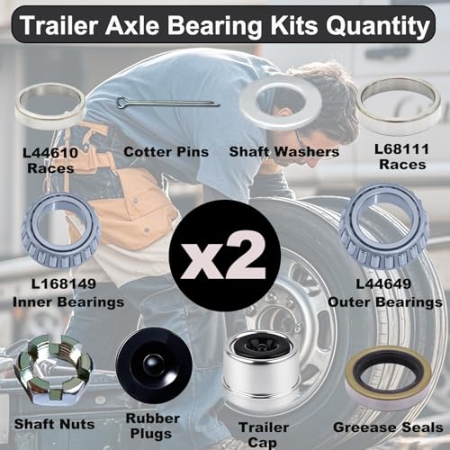 Image of 2 Sets 3500 lb Trailer Axle Bearing Kits, L68149 L44649 Boat Wheel Bearing Kit with 1.98'' Dust Caps, 171255TB /10-19 Grease Seals, Cotter Pins, Axle Nuts & Washers for 1-3 /8'' to1-1 /16'' #84 Spindle