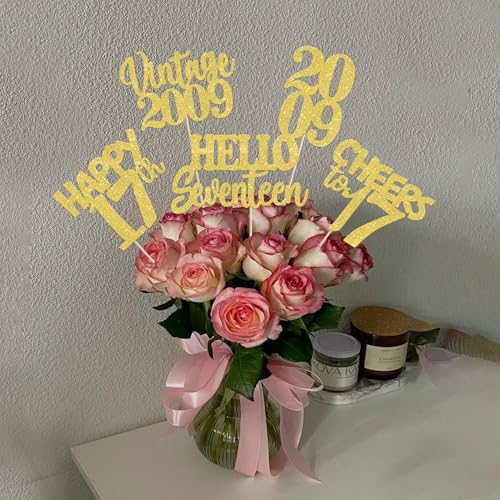 Image of 15 PCS 17th Birthday Centerpiece Sticks Seventeen Happy 17 Vintage 2009 Table Flower Centerpieces Sticks Cheers to 17 Fabulous Floral Decorations for 17th Birthday Party Supplies Gold