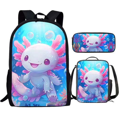 Xhuibop Cute Axolotl Girls Backpack with Lunch Box Set of 3 Elementary School Bag and Lunch Bag for Girls 6-8/10-12 Kids Book Bag with Lunchbox Pencil Case Children 3rd Grade Bookbag