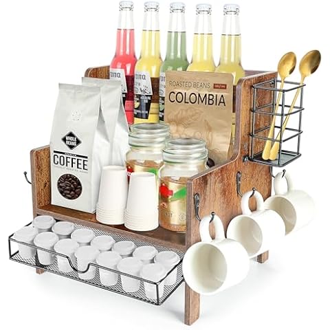 3-Tier Coffee Station Organizer for Countertop, Wood Coffee Bar Organizer with Drawer, Rustic Coffee and Tea Condiment Organizer, K-Cups Coffee Corner Organizer with 6 Hooks for Coffee Bar Accessories Cover