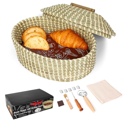 Bread Basket with Warming Stone and Lid -Terra Cotta Bread Warmer, 12.6 * 8.3 Oval Bread...