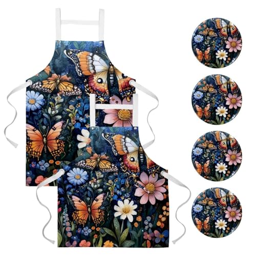 Lot de 2 tabliers de cuisine aquarelle fleur sauvage avec 4 broches pour la maison et bistrot